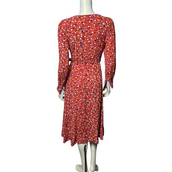 LOFT Coral Red Polka Dot Midi Dress | Colorful Button Front Belted Shirtdress - Picture 3 of 8